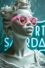 white marble statue of an african woman, small smile on sunglasses, neon lighting, cyan background