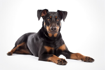 Obraz premium Beauceron dog, lying, isolated on white background