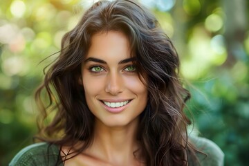 Gorgeous brunette woman with captivating green eyes smiling in outdoor setting. Concept Fashion, Portrait, Outdoor Photoshoot, Beauty, Smiling