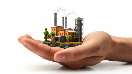 Conceptual image of industrial plant in human hand isolated on white background