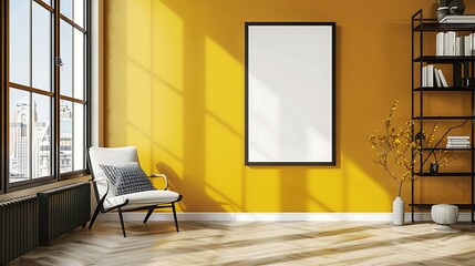 A mockup poster blank frame hanging on a sunny yellow accent wall, above a minimalist wall-mounted book rack, Minimalist-style living area