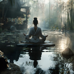 A young woman is meditating in a hot spring, The woman could be sitting in a lotus position, or she could be sitting cross-legged.