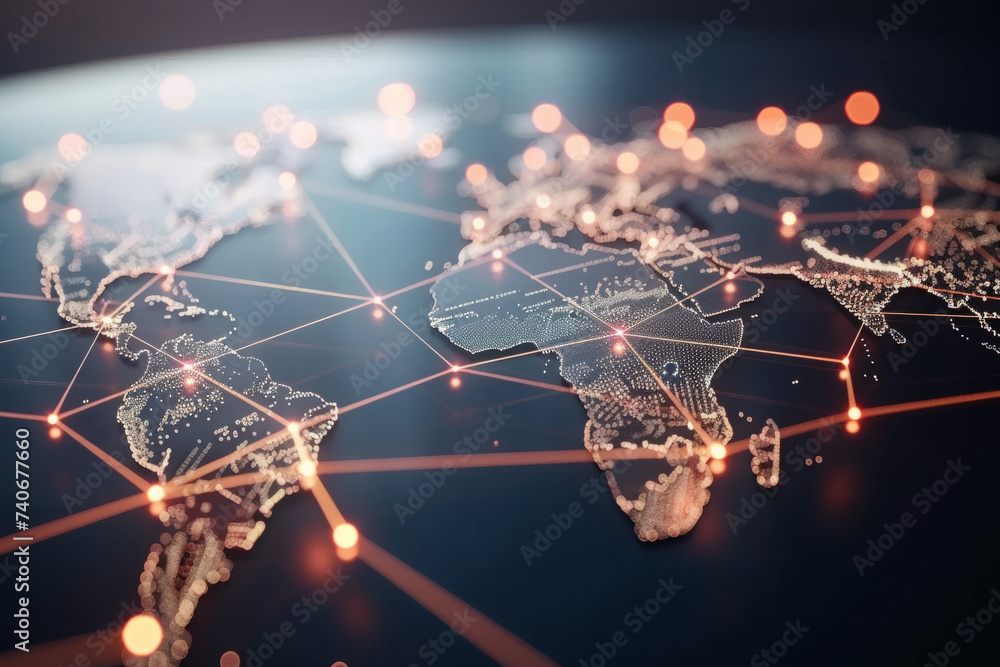 Poster global communication and international connections. world map with connected lines and dots