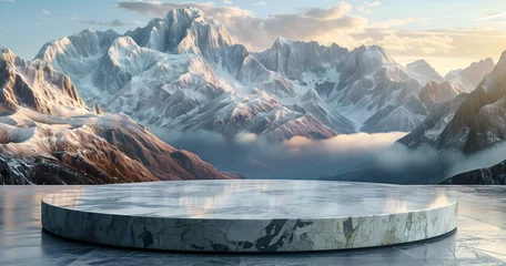 Foto op Plexiglas Mountain landscape with a marble platform in the foreground. © Henryz