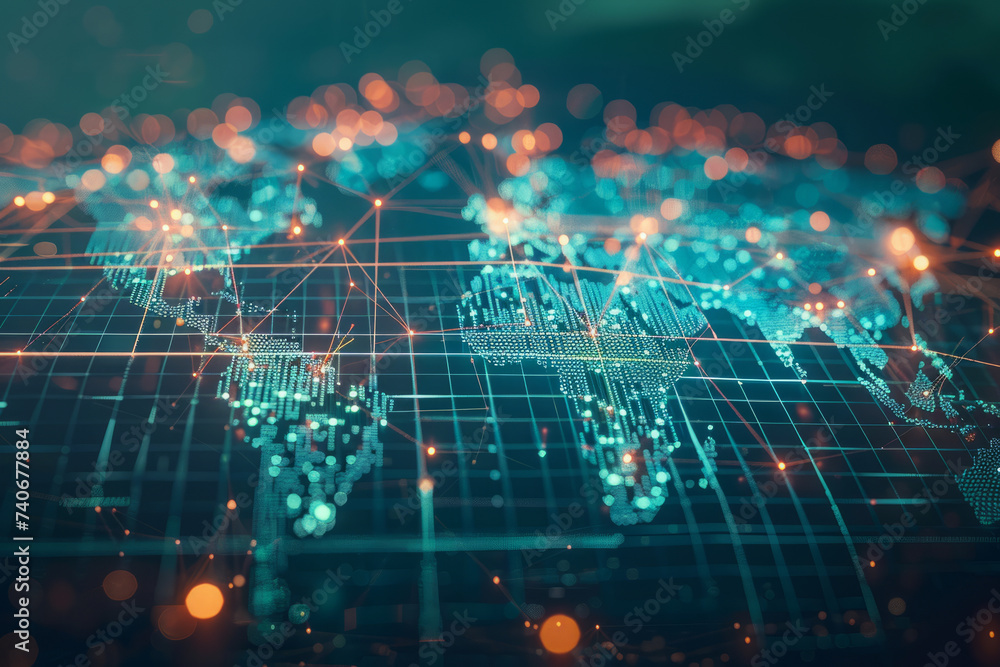 Poster global communication and international connections. world map with connected lines and dots