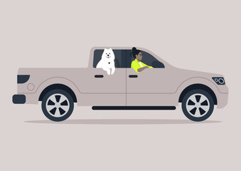 A fluffy white Samoyed leans out the open window of a modern pickup truck, relishing the fresh breeze while its human companion focuses on driving, The serene light indicates a bright, sun-filled day © nadia_snopek