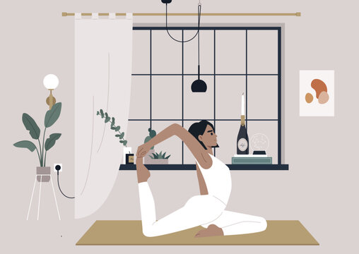 Serene Morning Yoga Flow, A young character practices the King Pigeon pose in a tranquil, stylish interior at dawn