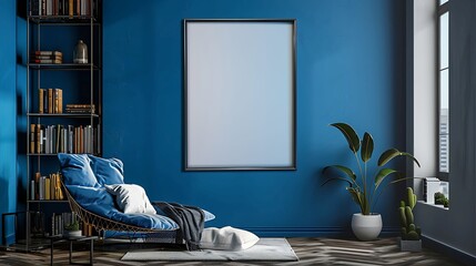 A mockup poster blank frame hanging on a striking cobalt blue wall, above a modern wireframe book rack, Minimalist-style living area - obrazy, fototapety, plakaty