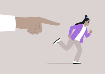 A young character with determination etched on their face is in stride, running away from a large hand, seemingly belonging to a colossal unseen figure, pointing at her