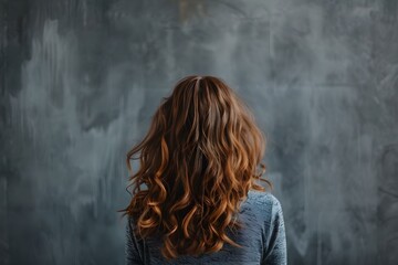 Portrait of a woman with brunette wavy hair captured from behind on a gray backdrop. Concept Portrait Photography, Brunette Hair, Wavy Hair, Gray Backdrop, Unique Perspective