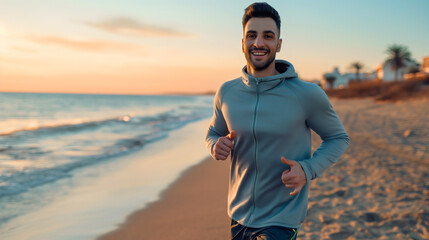 A handsome young man wearing shorts, jogging or running on the ocean or sea sand beach during the sunset. Cardio workout, healthy fitness lifestyle guy, waves in the background, active male - obrazy, fototapety, plakaty