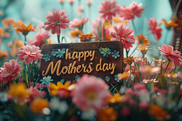 " happy Mothers day" written in dainty script amidst blooming gardens. 