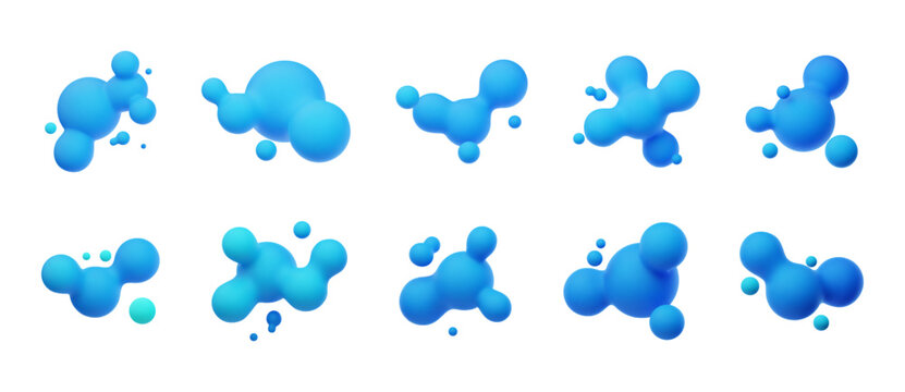 Blue 3D morphing balls. Liquid blobs like lava lamp. Fluid 3D metaballs. Colorful vector illustration for cards, posters, advertising, flyers. Isolated on white background