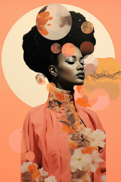 African American woman with artistic cosmic background. Generative AI image