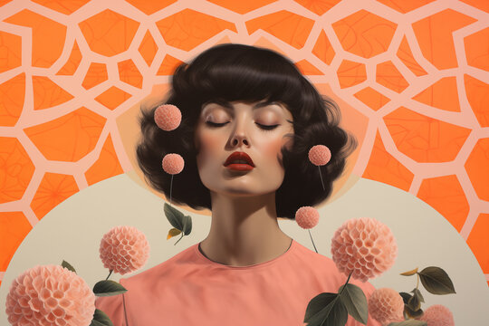 Retro-styled female with a vintage haircut against a patterned backdrop. Generative AI image