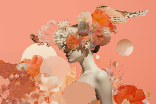 Surreal portrait of woman with floral and bird motifs. Generative AI image