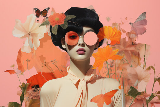 Artistic portrait of woman with floral background and sunglasses. Generative AI image