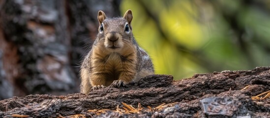 Curious squirrel standing on a mound of soil in the forest looking for food