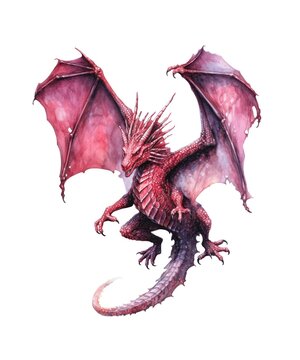 Watercolor illustration of a red flying dragon isolated on white background.