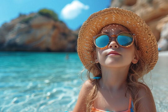 Young girl enjoying a sunny beach day. Generative AI image