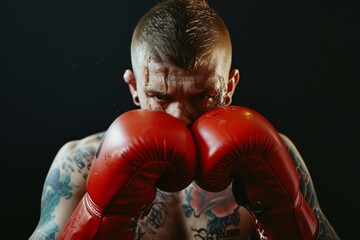 Caucasian Male Boxer with Tattoos in Red Gloves, Sweaty Athlete Portrait