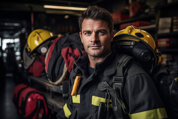 Portrait of a fireman in uniform standing in a fire station.