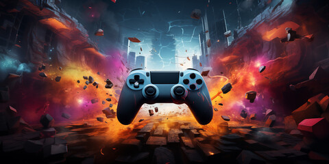 Video game controller in ruins with flames background - obrazy, fototapety, plakaty