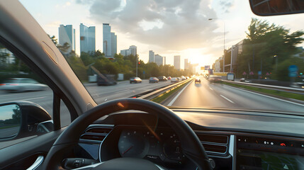 Male hands of car driver on steering wheel. Road trip, driving on highway road