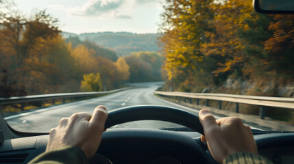 Male hands of car driver on steering wheel. Road trip, driving on highway road - Powered by Adobe