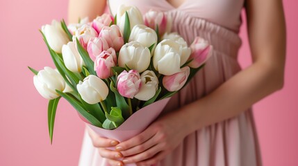 Happy Women's day. Woman holding a bouquet of flowers. Ai generated image