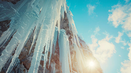 Beautiful hanging icicles in ice cave.