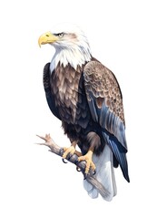 Watercolor illustration of a bald eagle bird isolated on white background.