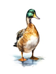 Naklejka na ściany i meble Watercolor illustration of a male mallard duck isolated on white background.