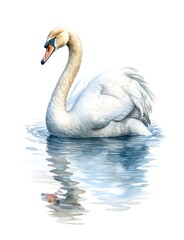 Watercolor illustration of a mute swan swimming in the water isolated on white background.
