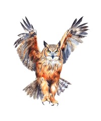 Watercolor illustration of a flying Eurasian eagle owl isolated on white background.