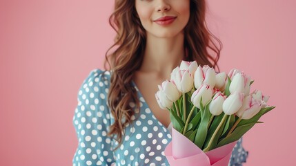 Happy Women's day. Woman holding a bouquet of flowers. Ai generated image