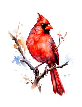 Watercolor illustration of a red cardinal bird perched on a branch isolated on white background.
