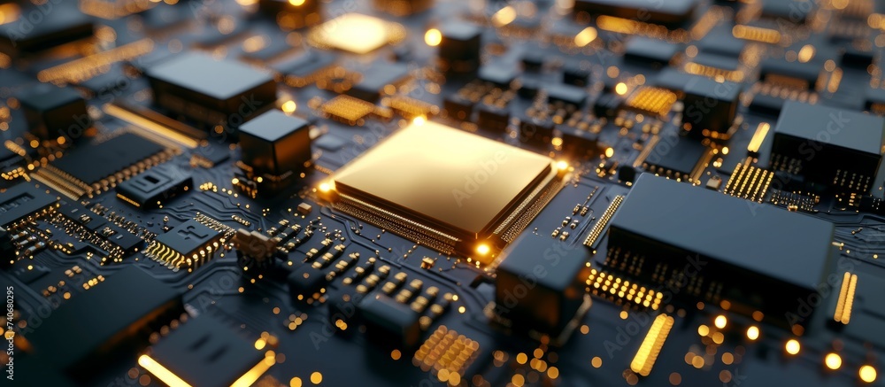 Poster macro close up of computer circuit board with electronic components technology background