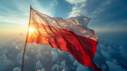 Poland waving flag on sunset sky background with sunrays.