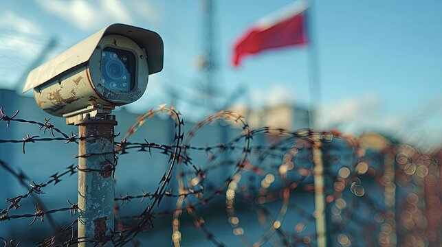 Security camera and barbed wire on the fence of Poland border. Selective focus.