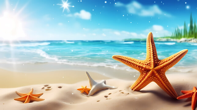 Starfish background, peaceful coast scene with gentle waves