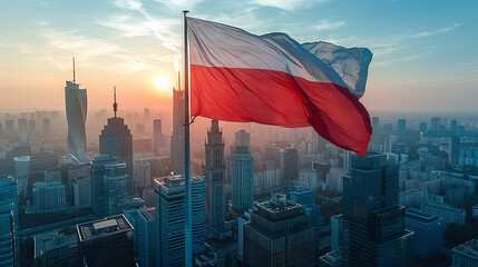 Poland flag waving in the wind over the city at sunrise.