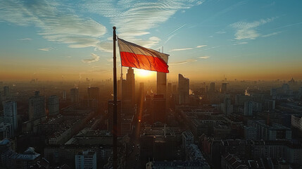The flag of Poland on the background of the sunset. - obrazy, fototapety, plakaty