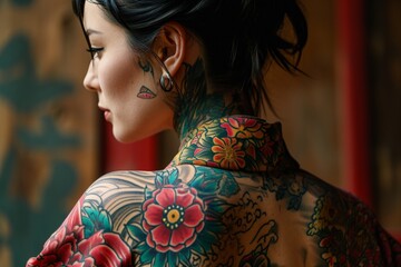 Japanese-Inspired Tattooed Female Torso - obrazy, fototapety, plakaty