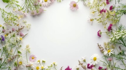 Fototapeta na wymiar wild flowers on a white background with space for text.
