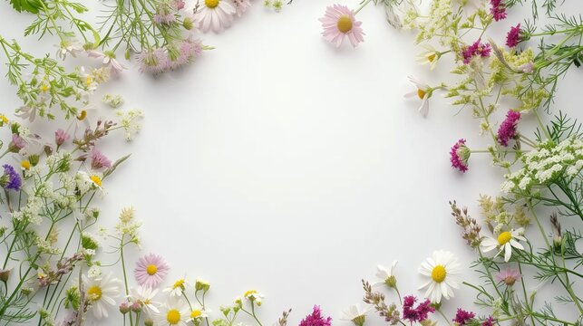 wild flowers on a white background with space for text.