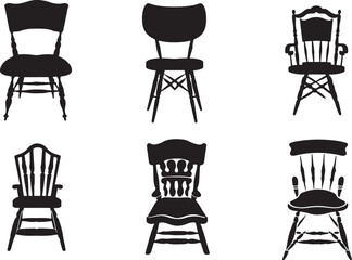 Black chair silhouettes group. Chair, table, bench Seating icons set Vector illustration