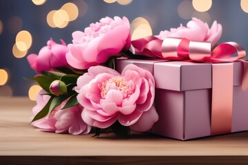 Peonies and Gift Box on Wooden Table