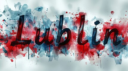Inscription Lublin with red and blue splashes on a white background. Vector illustration - obrazy, fototapety, plakaty