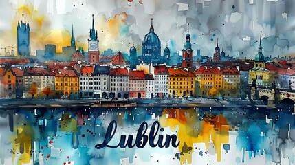 Cityscape of Lublin, Poland with watercolor painting.